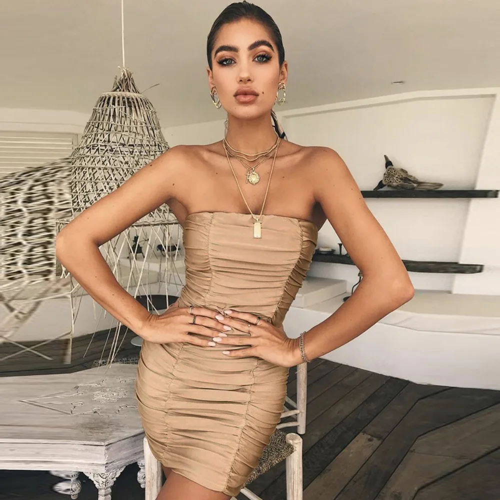 

2018 New Arrival Sexy Mini Dress Women Strapless Pleated Fold Bodycon Office Dress Vestidos Slim Pencil Dress For Female OL Robe