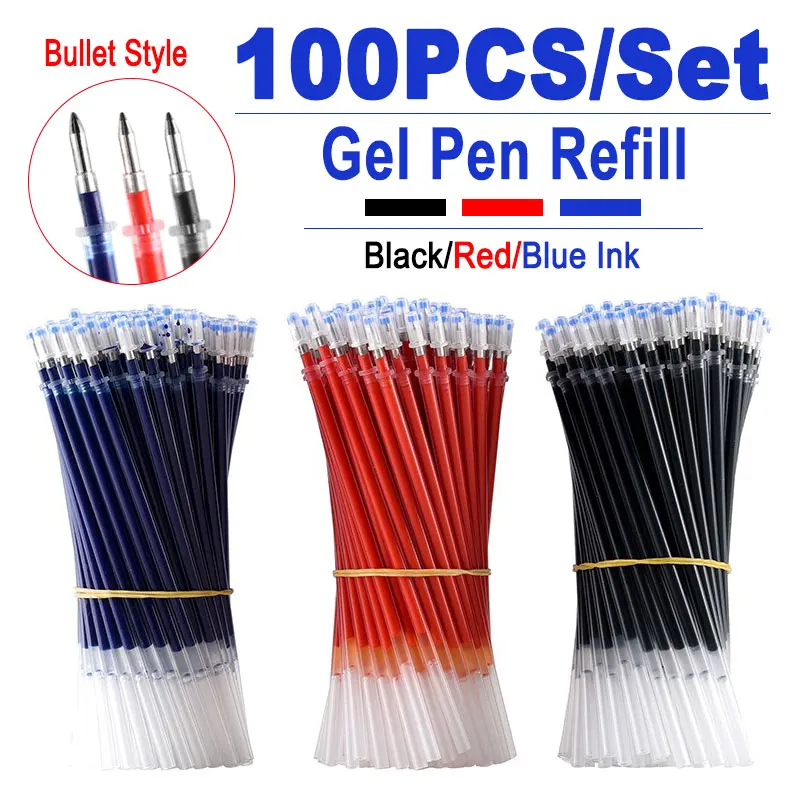 

DELVTCH 100pcs/Lot 0.5mm Neutral Gel Pen Refill Good Quality Black Blue Red Ink Bullet Cartridge Stationery Office Refill