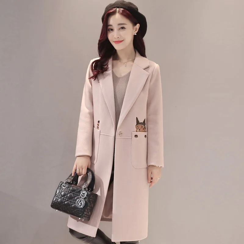 light pink Новое осенне-зимнее женское пальто Vestido размера плюс, тонкое офисное одноцветное шерстяное пальто с отложным воротником для женщин, большая верхняя одежда - Цвет: light pink