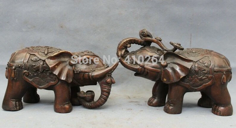 

10" Chinese Bronze Folk FengShui YuanBao BAT JiXiang RuYi Elephant Statue Pair discount 30%