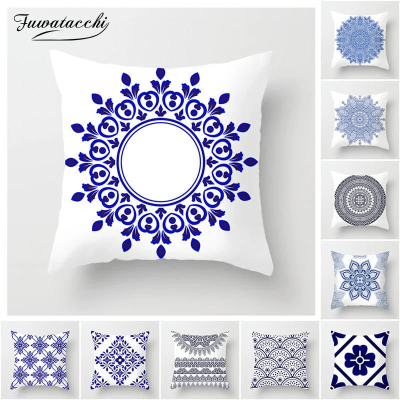 

Fuwatacchi Mandala Floral Cushion Cover Japanese-style Blue Sea Cushion Cover Cotton Geometric Sailing Printed Pillows Cove