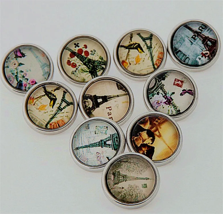 

50pcs/lot Mix Colors Glass Dome Cabochon Eiffel Tower 12mm Snap Button Findings For DIY Bracelet Jewelry Accessories