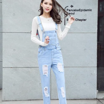 

E-lzunion denim bib pants female spring 2017 hole loose plus size trousers 9778