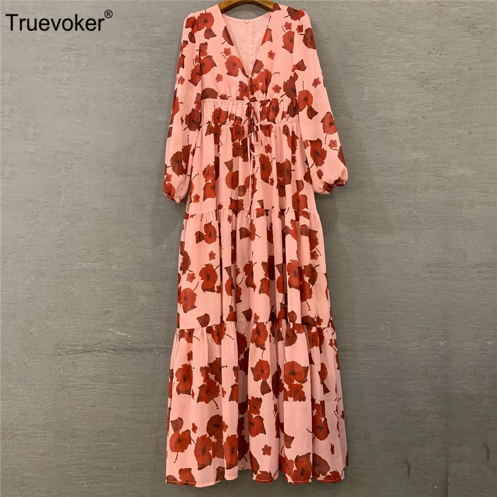 

Truevoker European Designer Ankle Length Vestidoes Women's Sexy V-neck Colorful Printed Holiday Beach Dresses