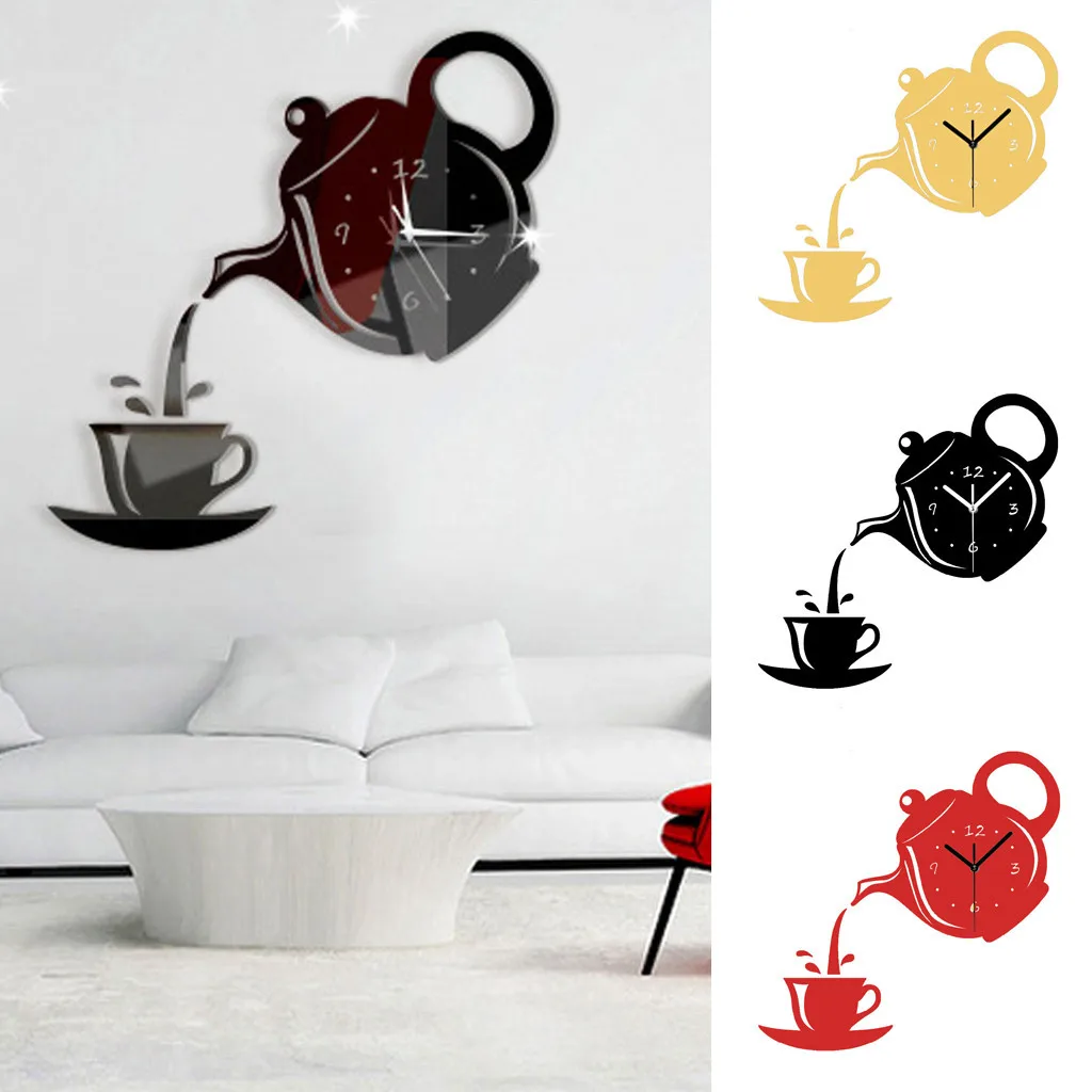 

Wall Clock wall Modern Design DIY Modern 3D Kettle Teacup Mirror Wall Clock Electronic Kitchen Home Office Interior Decoration