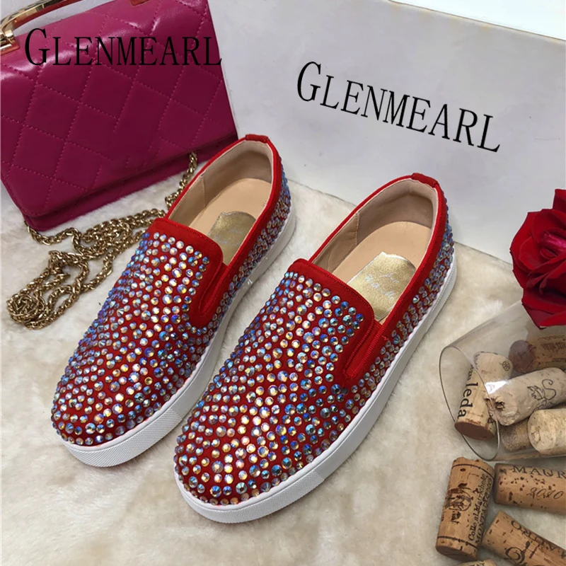 

Genuine Leather Women Loafers Casual Shoes Woman Flats Fashion Rhinestone Slip On Round Toe Female Shoes Spring Summer New DE