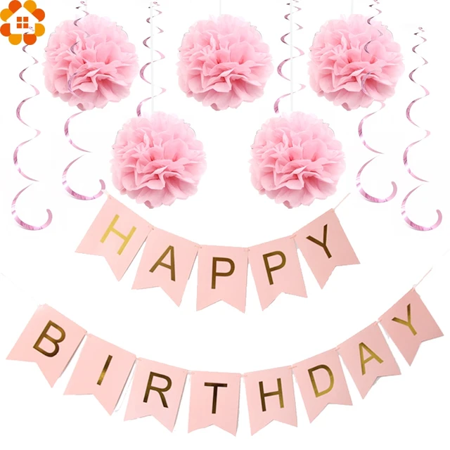 paper decoration set happy birthday banner foil swirls pom poms for