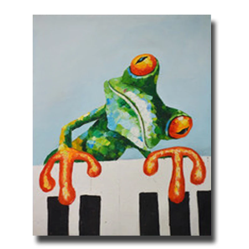 Hand Painted Oil Painting Musice Piano Frog On Linen With Frame Modern
