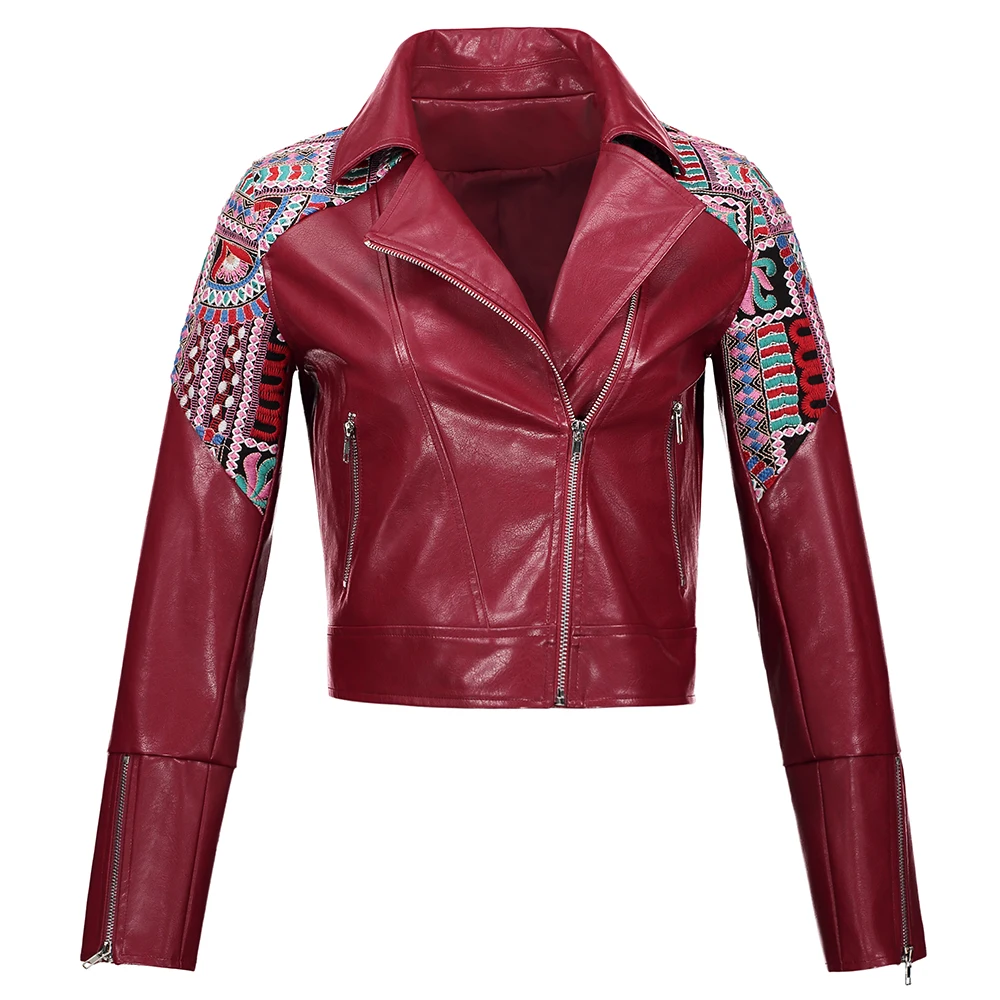 Women Autunm Winter Wine Red Faux Leather Jackets Lady Embroidery