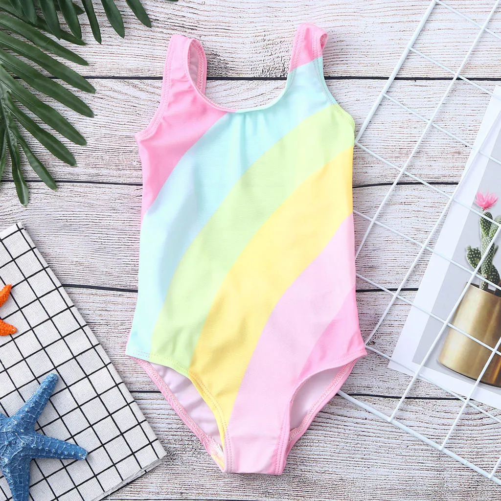 

2019 Girls Rainbow Striped One Piece Swimsuit Children Strap Swimwear Toddler Kids Beach Swim Suit Baby Biquini Feminino Tankini