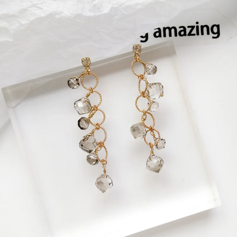 

Romantic Rhinestone Connected Rounds Clip Earrings Without Piercing Cute Stone Crystal Long Clip on Earring No Ears Hole Women