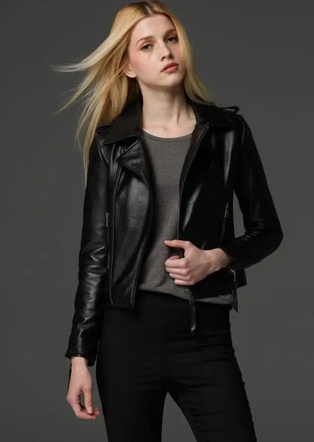 Autumn black street fashion oblique zipper motorcycle genuine leather jacket womens sheepskin coats high quality clothes