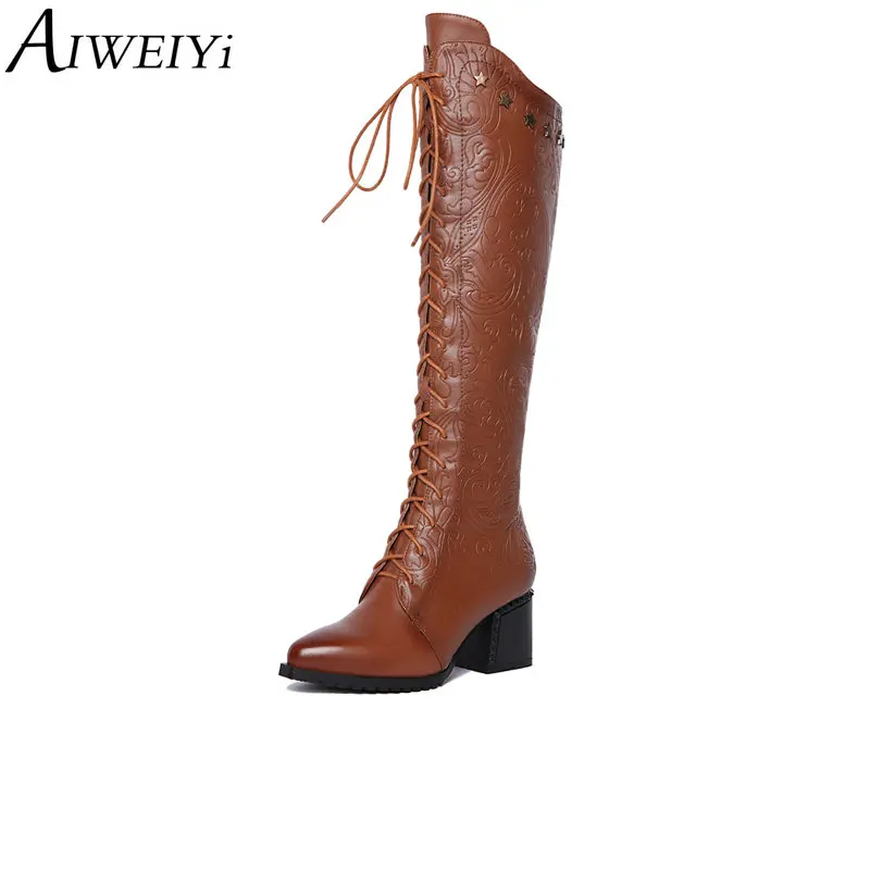 

AIWEIYi Women's Winter Boots Genuine Leather Black Brown Lace Up Square High Heels Knee High Boots Fur Warm Thigh High Boots