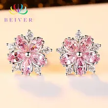 Beiver модный розовый кубический цирконий, серьги "Сакура" для Для женщин белого золота Цвет обручальные кольца серебряные ювелирные изделия Прямая