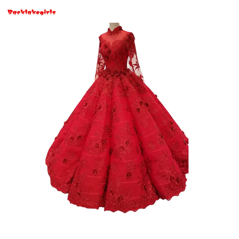 02100 реальное изображение высокого качества красный аппликация свадебное платье с длинным рукавом с высоким воротом пушистое бальное