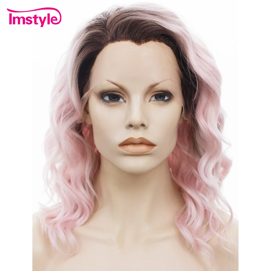 Imstyle кудрявый Ombre розовый короткий боб парик кружевные передние парики для женщин