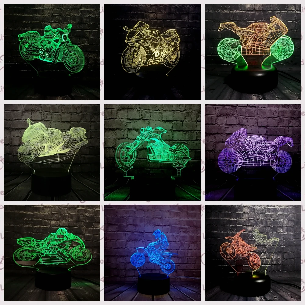 3D светодиодный Ночной свет, usb-зарядка мотоцикл на батарейках автомобиля стол настольные лампы 7 цветов подарка изменения удаленного