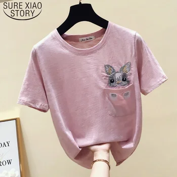 

Casual Cotton Female T-shirt Short Sleeve Embroidery White T shirt Women Tops Pink Tee Shirt Femme Summer New 2019 5000 50