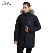 HERMZI Зимний Пуховик Мужской Высокое Качество Пуховое Пальто Парка Пуховики С Меховым Воротником Из Енота Европейский Размеры 4XL Куртка Зимняя Мужская Водонепроницаемый-30C