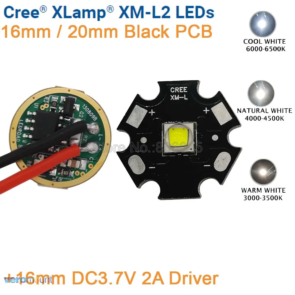 

CREE XML2 XM-L2 T6 Cool White 6500K Neutral White 4500K Warm White 3000K LED Emitter 16mm 20mm Black PCB + DC3.7V 2A 16mm Driver