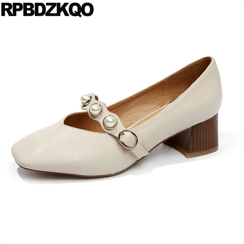 

Vintage Pearl Pumps Pink Mary Jane Size 4 34 2018 Beige Square Toe Thick Designer Medium Heel Wooden Ladies Dress Shoes Strap