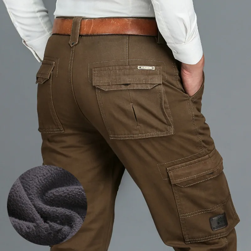 Fleece Warm Cargo Pants Men Clothing 6 Pockets Work Casual Winter Pants Men Military Black Khaki Army Trousers for Male