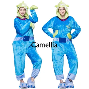 

Adult Women Blue Hooded Onesie Unisex Cartoon Aliens Pyjamas Party Sleepwear Kawaii Jumpsuit Winter Japan 3D Cute Face Pajamas