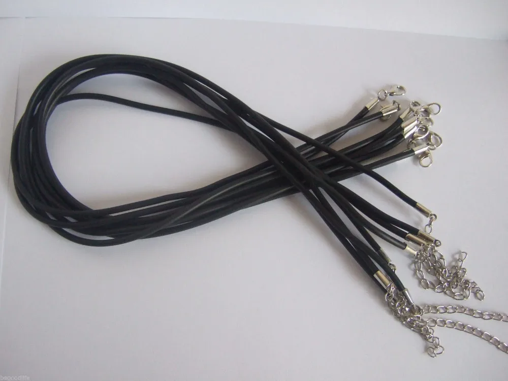 

10pcs 2mm 3mm Black Rubber Cord Choker Necklace Chain Copper Crimp End 18" Lobster Clasp DIY Jewelry Findings