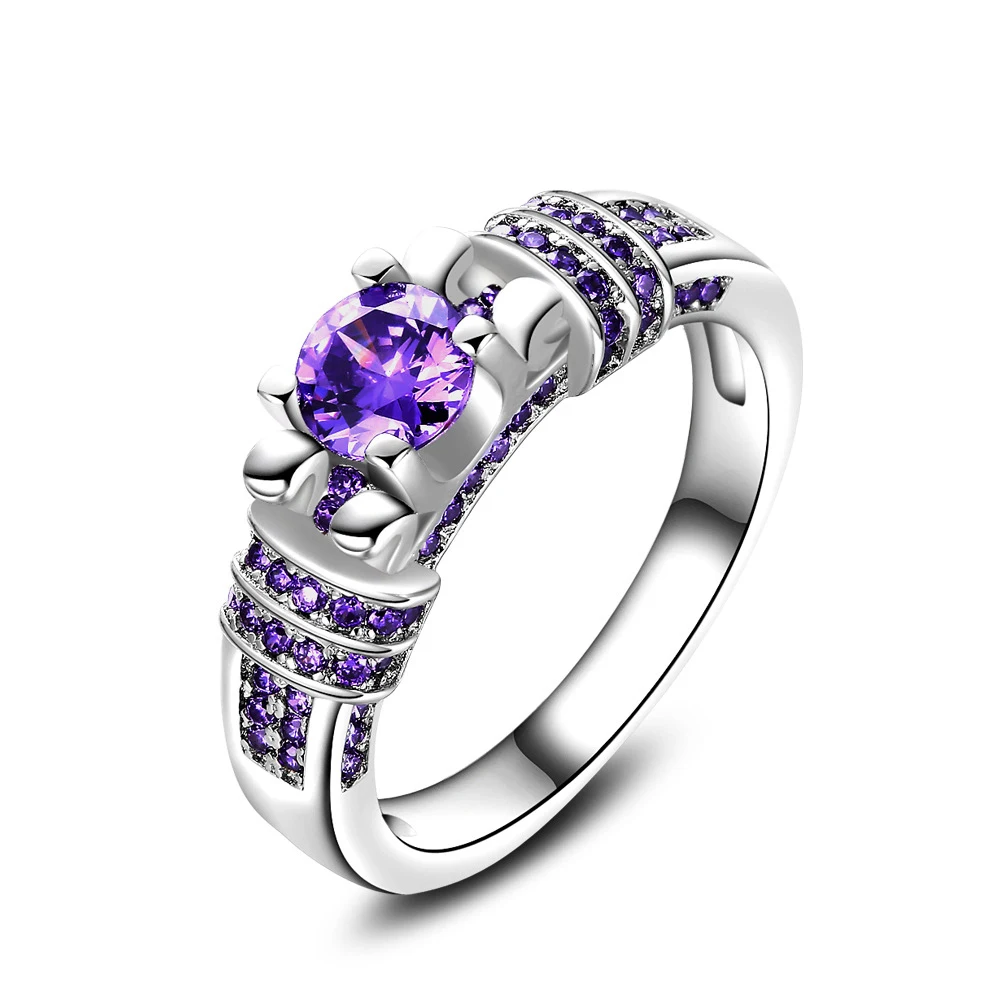 luxusní Purple Stone CZ křišťálové zásnubní prsteny 3 Ct Cubic Zirconia Rings dámské anel feminino Plata barevné šperky