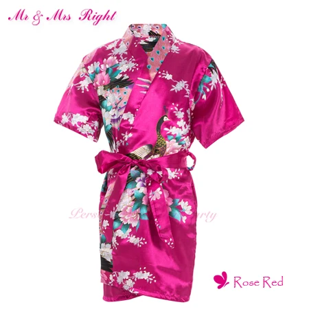 Модная одежда для девочек с цветочным рисунком; атласное кимоно; халат с павлином для маленькой невесты; детская одежда для сна; летние юбки - Цвет: Rose Red