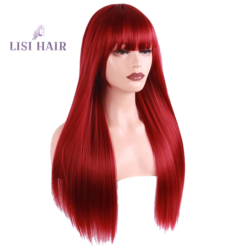 Acheter LISI cheveux longue perruque droite avec frange rouge Bang avec perruque cheveux synthétiques perruques pour femme noir gris perruques résistant à la chaleur 26 pouces