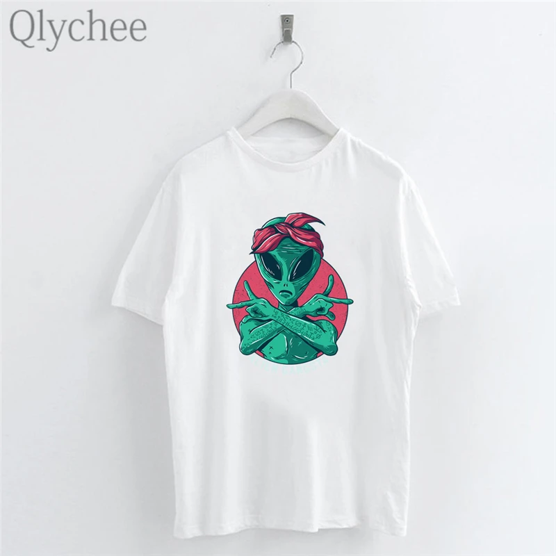 Женские футболки с принтом Qlychee пришелец Харадзюку вырезом лодочкой коротким