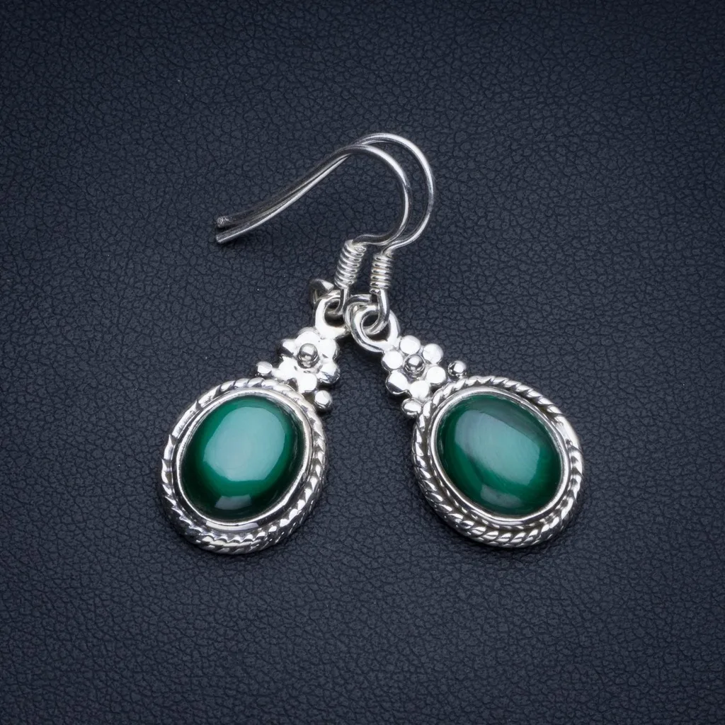 Natural Malachite Bohemian 925 Sterling Silver Drop Earrings 1 1/4" R2124