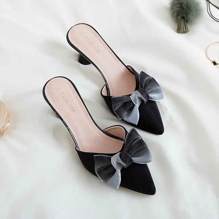 

spring and summer women's shoes Korean silk satin Pointed bow tie slippers Baotou flat heel sets semi slippers 234