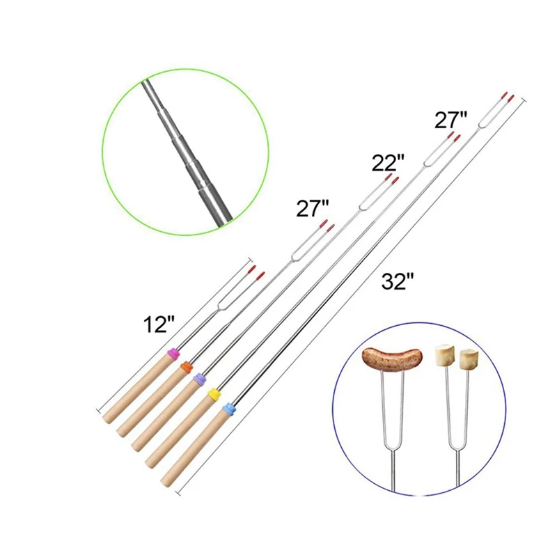 Обжига палочки, зефира, обжига палочки 32 дюймов выдвижная вилки для барбекю на костра, набор из 4