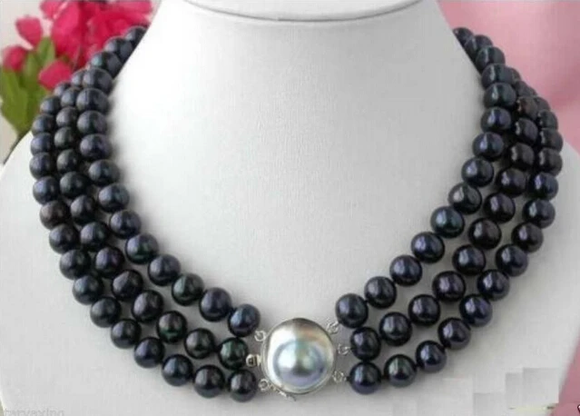 

DYY+++907 3 ROW 8-9MM BLACK TAHITIAN PEARL NECKLACE 16-18 INCH SHELL CLASP -Bridal jewelry free shipping