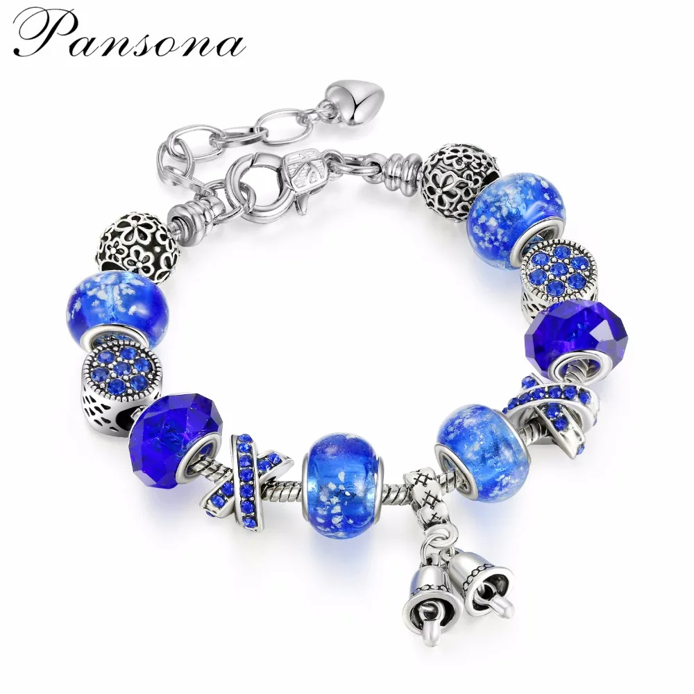 Lobster Clasp Charm Bracelets Silver Plating Beads Blue Crystal Bells