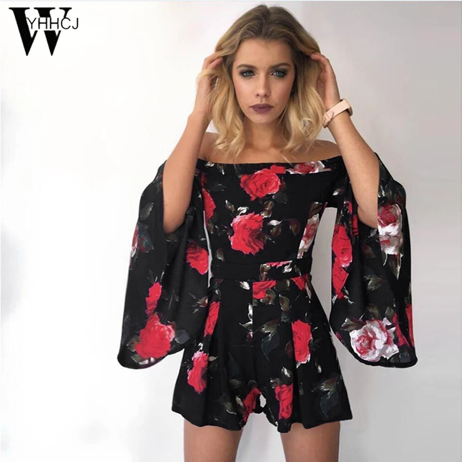 WYHHCJ 2018 Flower Print Women Summer White Short Sexy Rompers Jumpsuit Deep Slash Neck Long