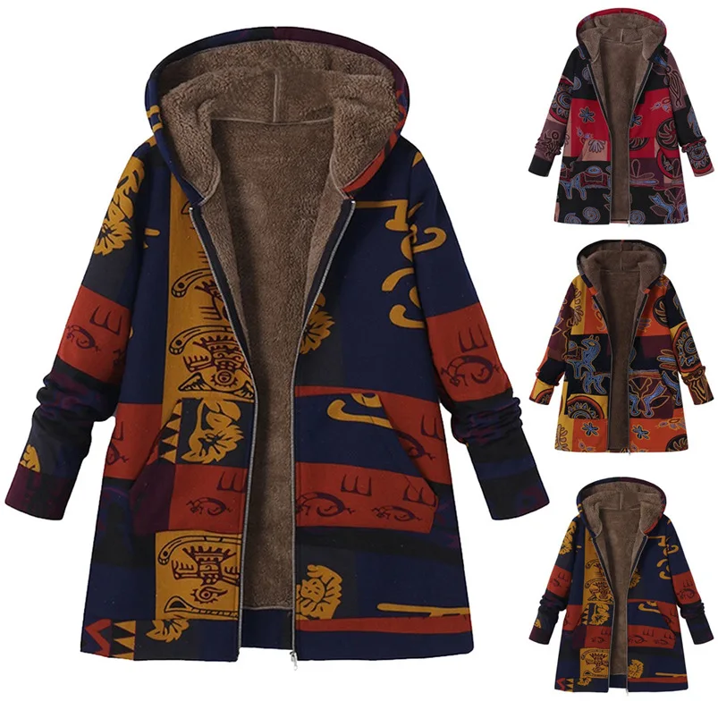 

Plus Size Winter Coat Women 2018 Fashion Print Fluffy Fur Coat Girl Long Sleeve Hooded Parkas Slim Thick Coat femenino #S26