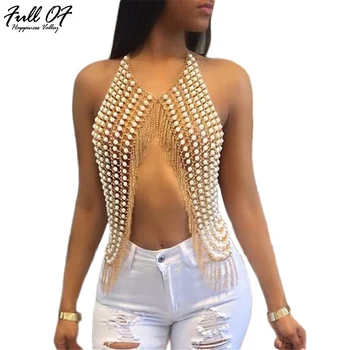 

Sexy Metal Chest chain Beading Crop Top Women Handmade Shirt Pearl Stitching Tassel Tank top Summer Luxury Party NightClub Camis