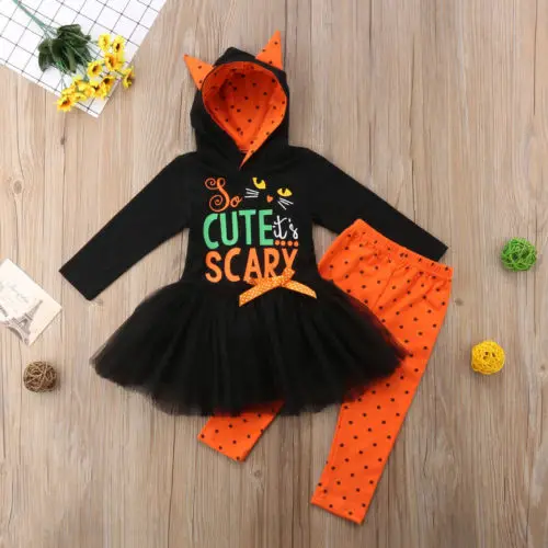 

2018 New Haloween Clothes Set Kid Baby Girl Halloween Cat Ear Hooded Tutu Dress Dot Long Pants Children Outfits Set Clothes