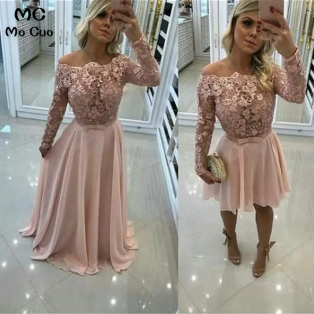 Dusty Pink Off Shoulder Evening Dresses Long with Lace Long Sleeve Chiffon Evening Party Dress for Women Custom Made Dusty Pink Off Shoulder Evening Dresses Long with Lace Long Sleeve Chiffon Evening Party Dress for Women Custom Made