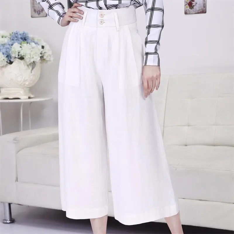 

Free Shipping 2016 Summer Women Linen and Cotton Wide Leg Pants Calf-length Trousers White Black Loose Harem Pants Large size