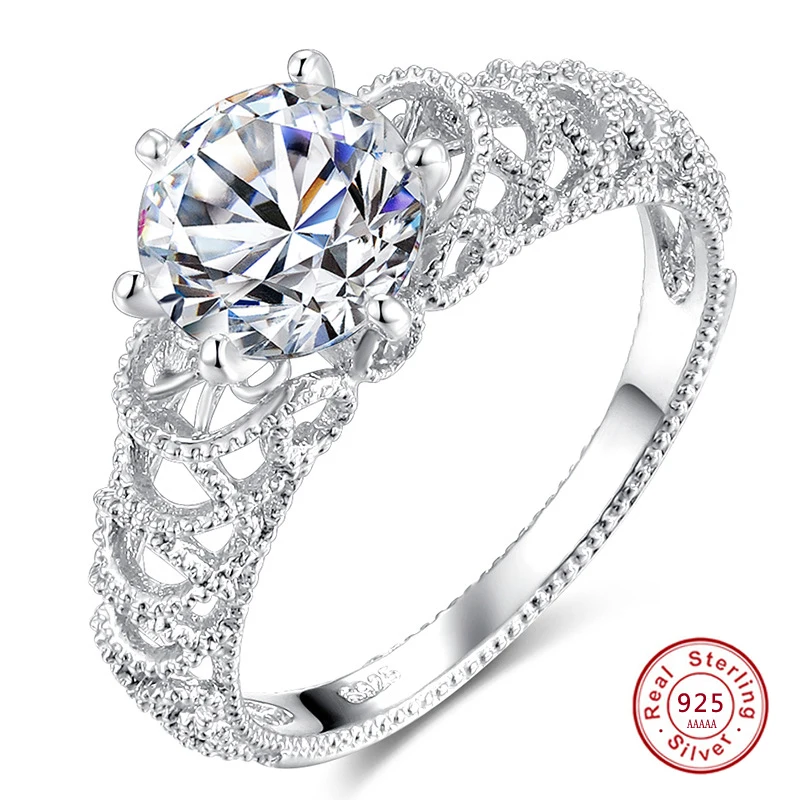 

Classic Genuine 925 Sterling Silver Stackable Ring 6 Claws Hollow-out CZ Crystal Finger Ring for Women Wedding Jewelry Anel Gift