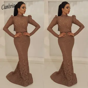 

Long Sleeve Full Lace Mermaid Muslim Evening Dress 2020 High Neck Islamic Dubai Saudi Arabic Formal Evening Party Dresses