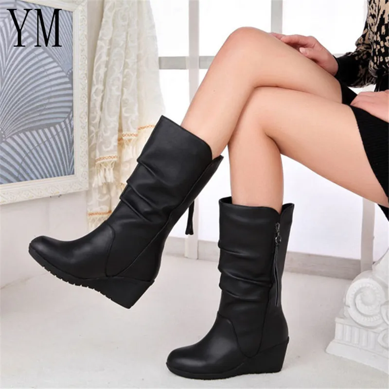 

Winter Fashion Microfiber leather Lady Mid Calf Boots Round toe Western Boots Women Chunky Wedges Boots Runway With Zip Big 42