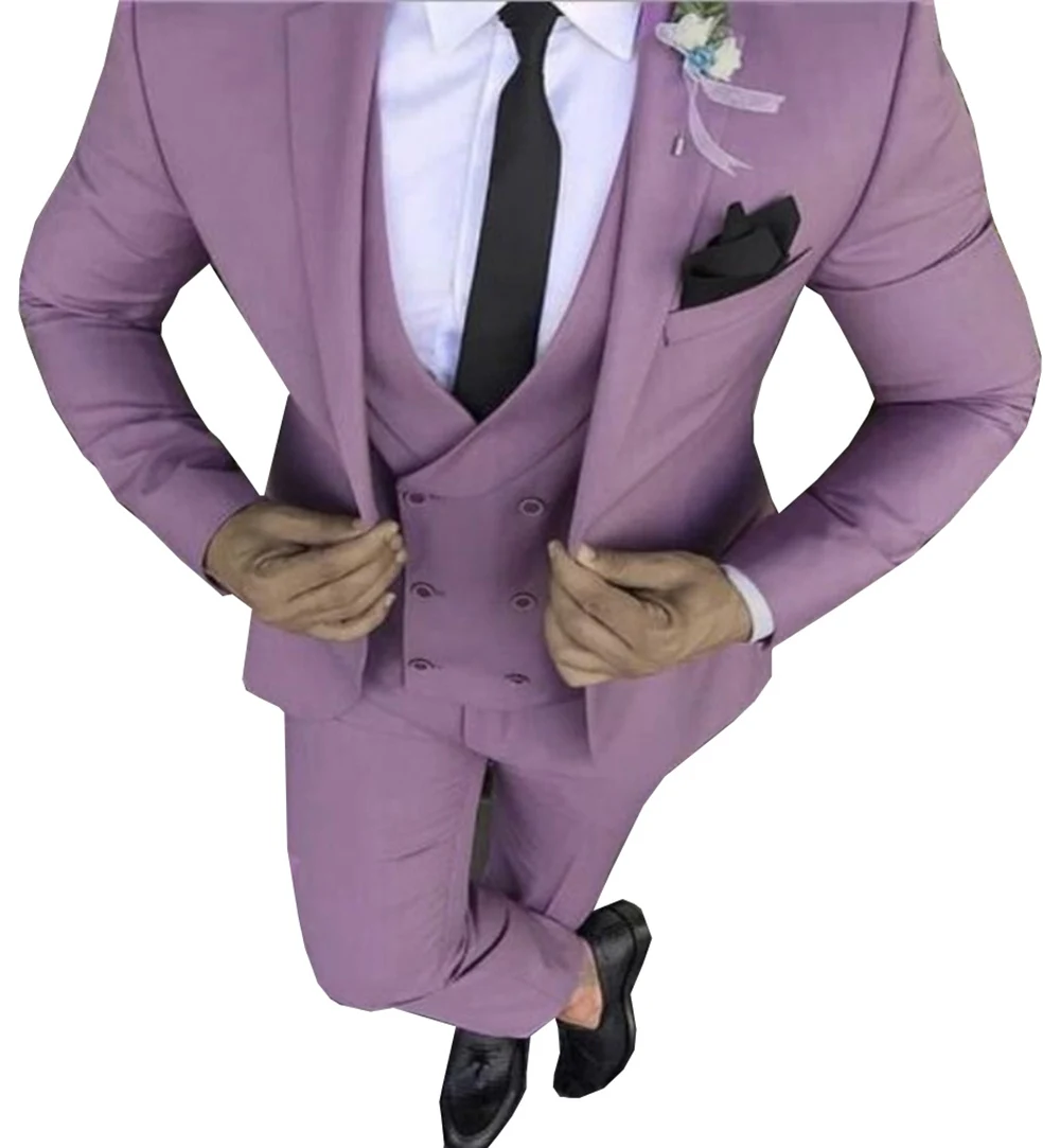 Mens Violet Suits With Double-breasted Vest 3 Pieces Slim Fit Formal Shawl Lapel Tuxedos Groomman For Party( Blazer+Vest+Pants ) 2