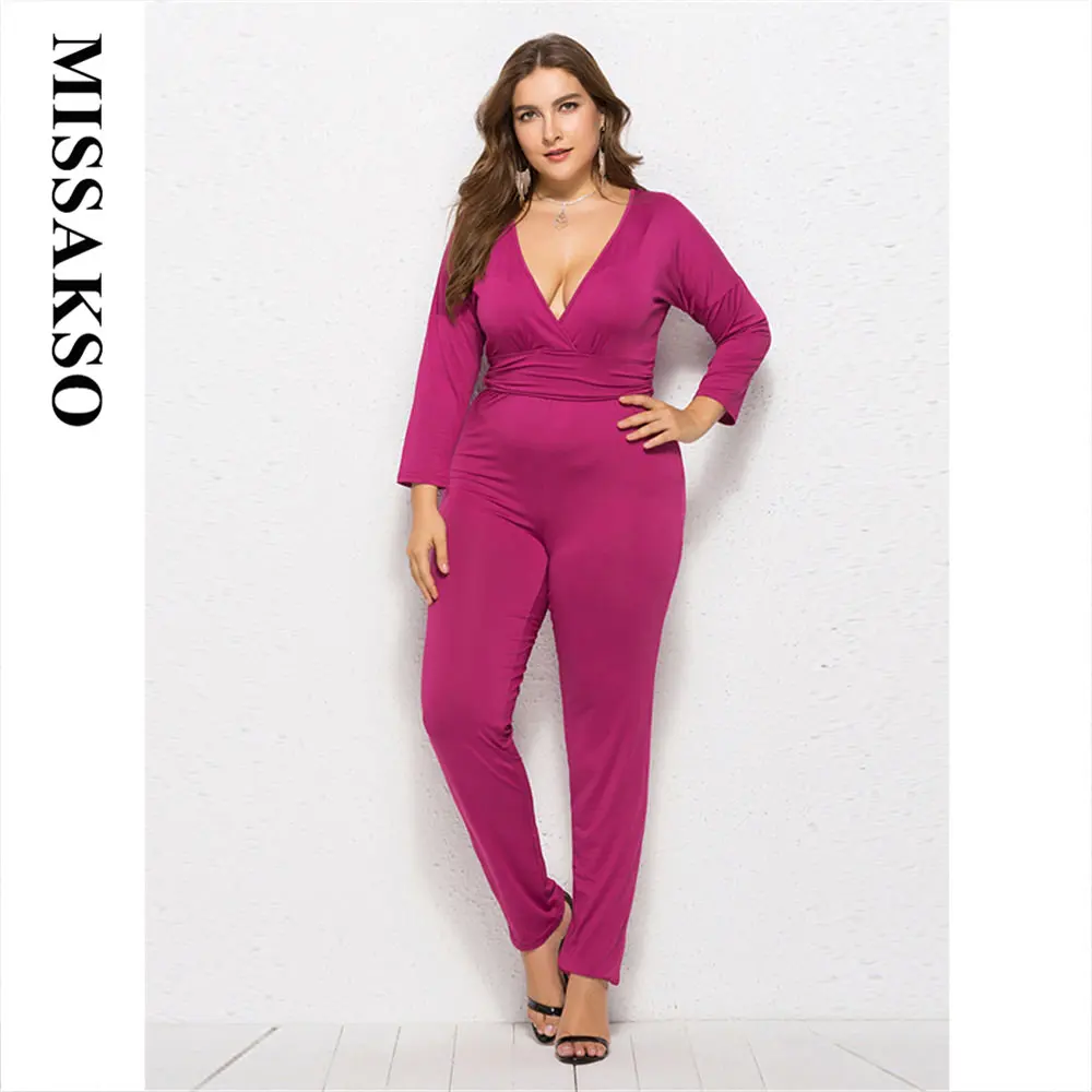 

Missakso Female Plus Size 4XL Black Women Casual Spring Autumn Deep V Neck Solid Long Sleeve Romper New Sexy Sheath Jumpsuit
