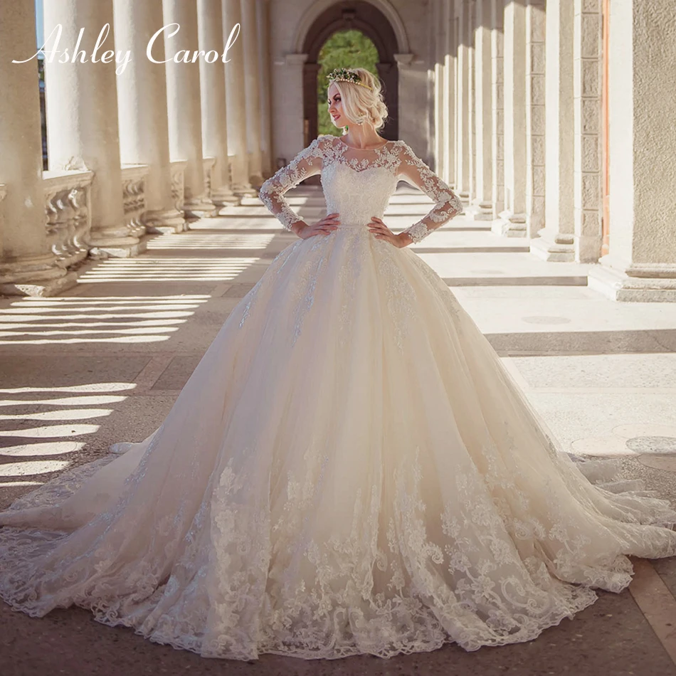 Ashley Carol сексуальный Совок с длинным рукавом и отделкой из бус Кружева бальное платье свадебное платье роскошное свадебное платье для принцессы