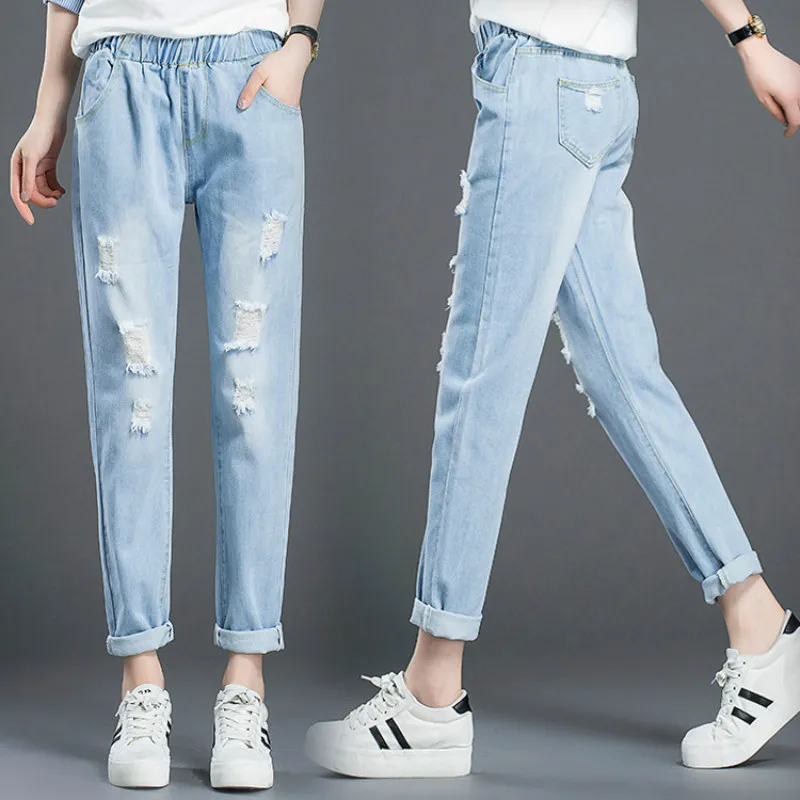 Plus Size Jeans Woman Harem Pants Ripped Casual Loose Ankle-Length Elastic Waist Denim Pants Summer Spring Fashion Plus Size Jeans Woman Harem Pants Ripped Casual Loose Ankle-Length Elastic Waist Denim Pants Summer Spring Fashion